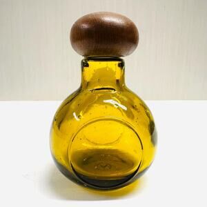 Vintage MCM Amber Brown Glass Cologne Bottle Decanter Wood Twist Cap
